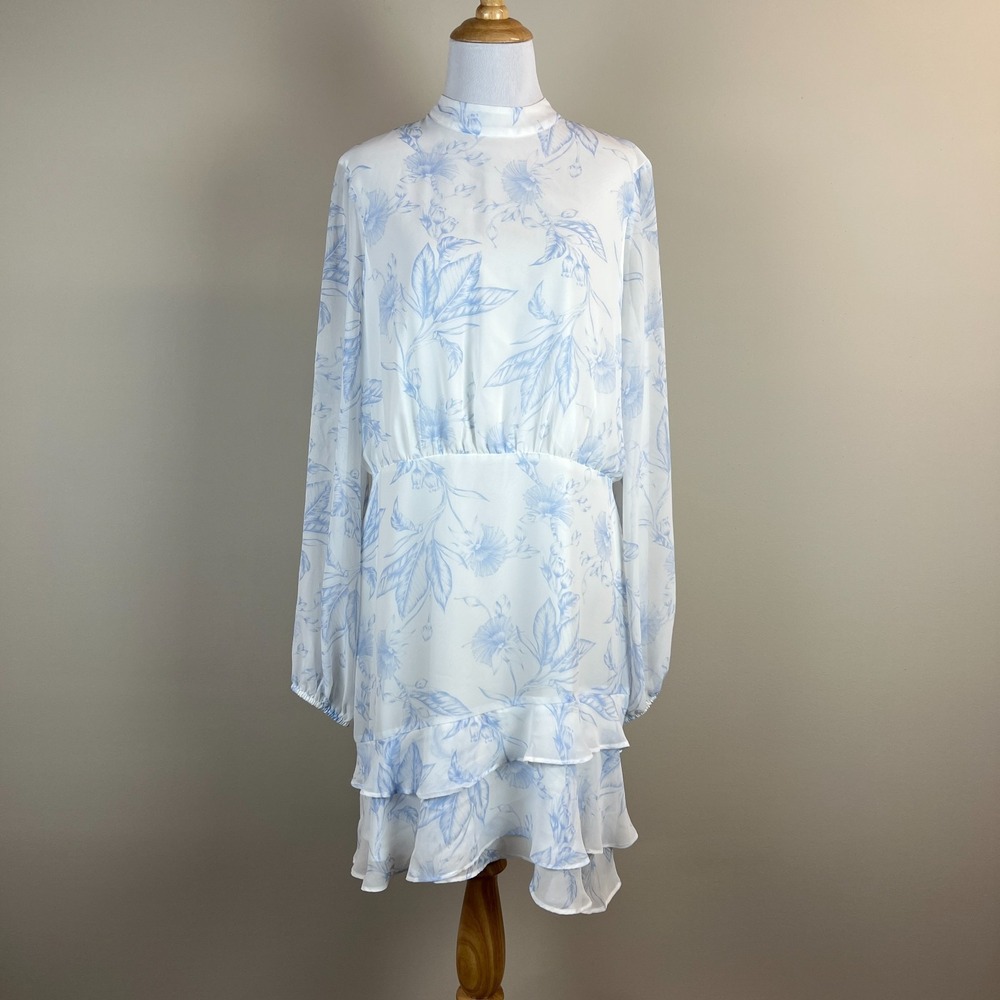 Express Dress Large Blue White Floral Mock Neck Sheer Long Sleeve Ruffle Flowy L